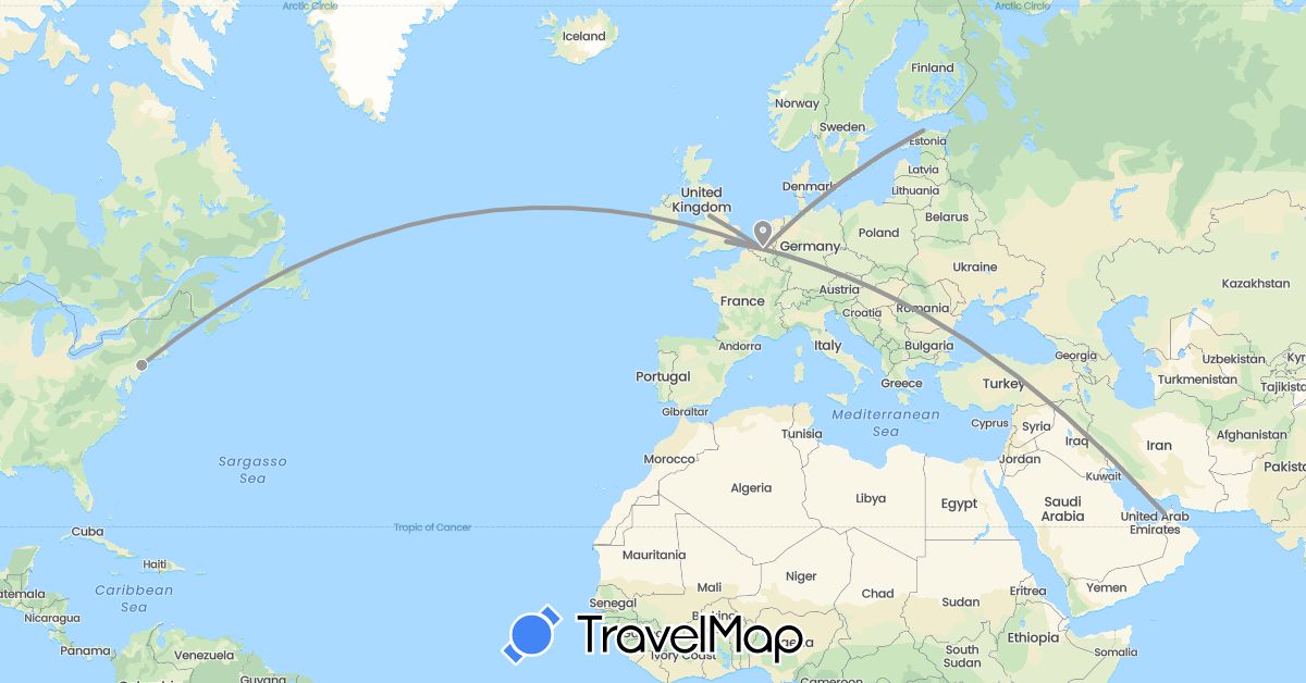 TravelMap itinerary: driving, plane in United Arab Emirates, Belgium, Estonia, United Kingdom, United States (Asia, Europe, North America)